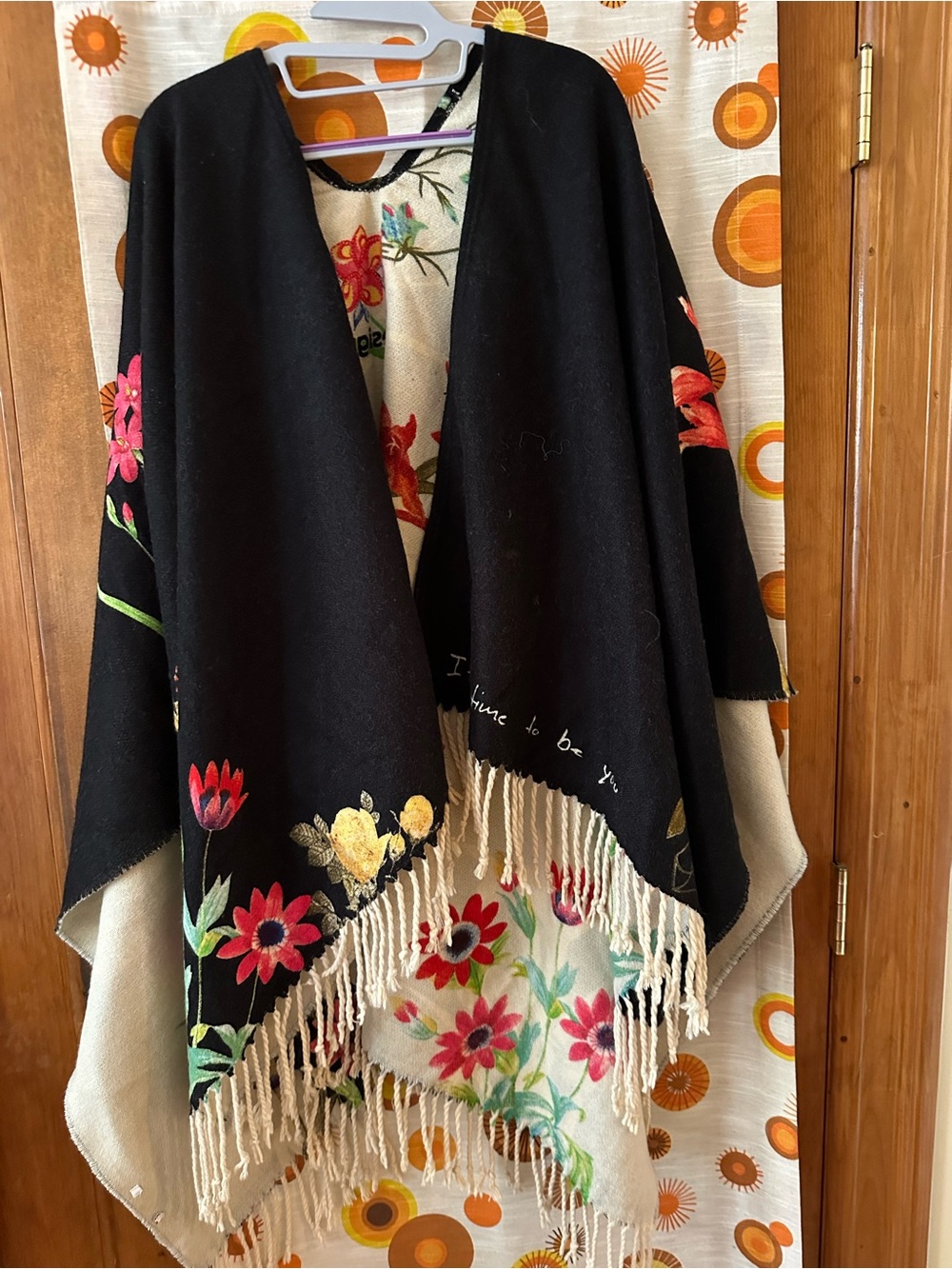 Desigual Floral Reversible Poncho - Black, Cream, Red, Pink, Yellow, Green